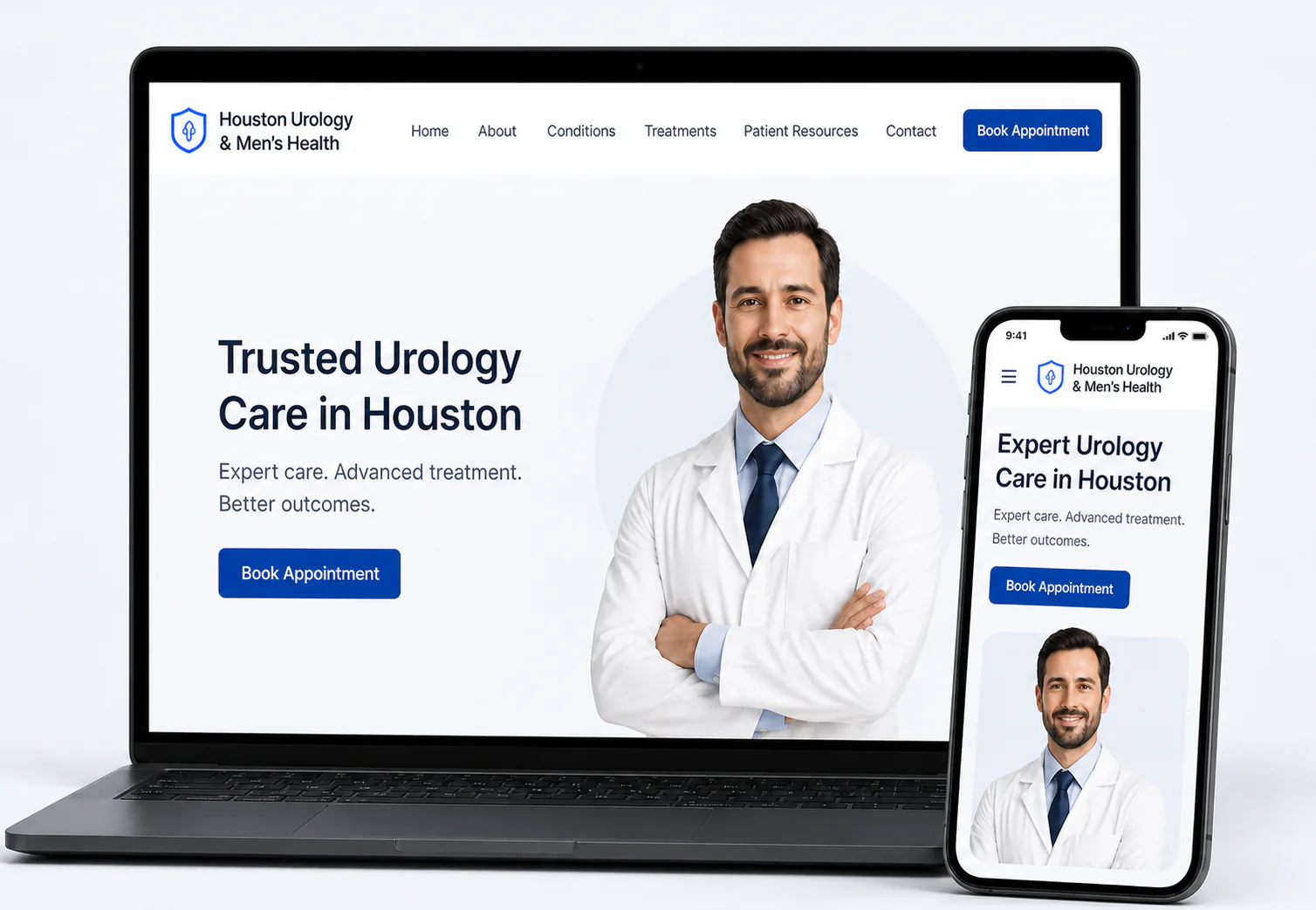 Fictional Houston urology portal displayed on a laptop and smartphone